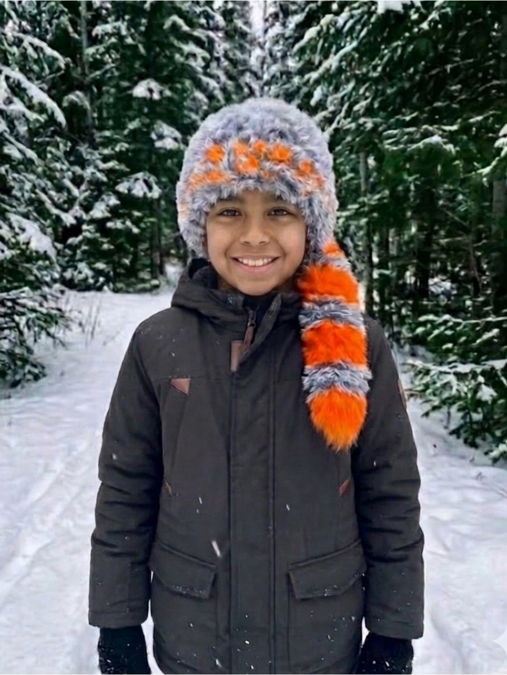 KIDS FAUX FUR RACCOON CAP with Orange 
& Gray Tail